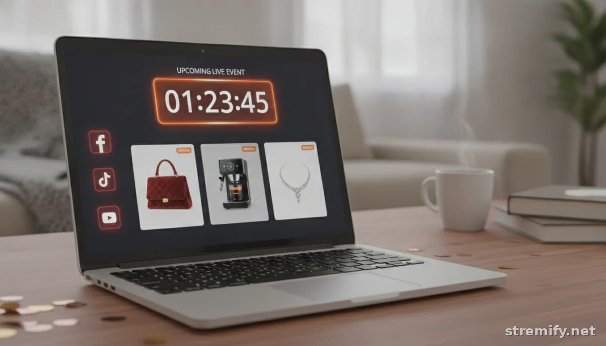 Laptop showing a live selling event countdown, product previews, and social media icons to promote live selling events on social media