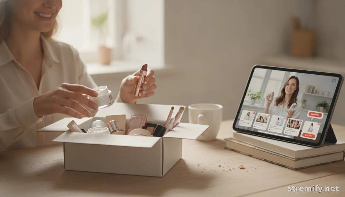 hands unboxing products with a live selling stream on tablet, best camera for live selling context