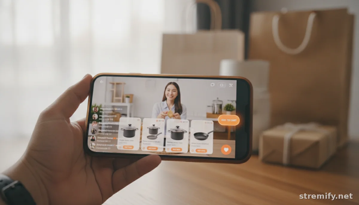 Live shopping stream on a phone with product cards and real-time analytics display