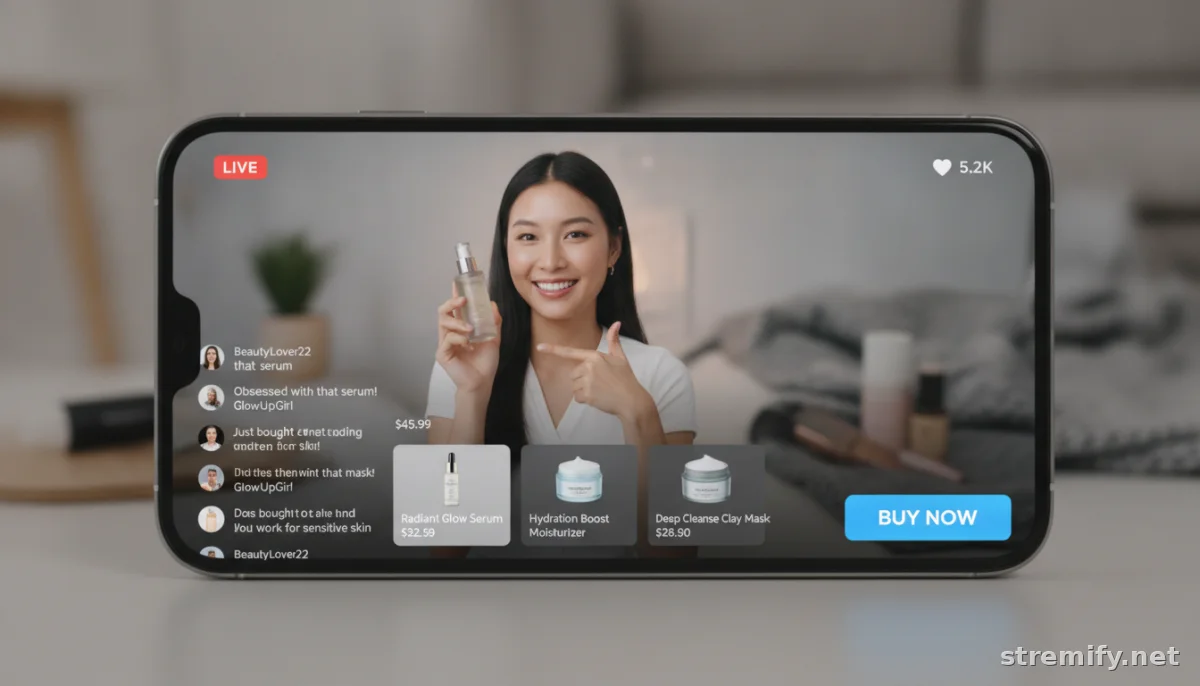 smartphone displaying live shopping stream for beauty and skincare products