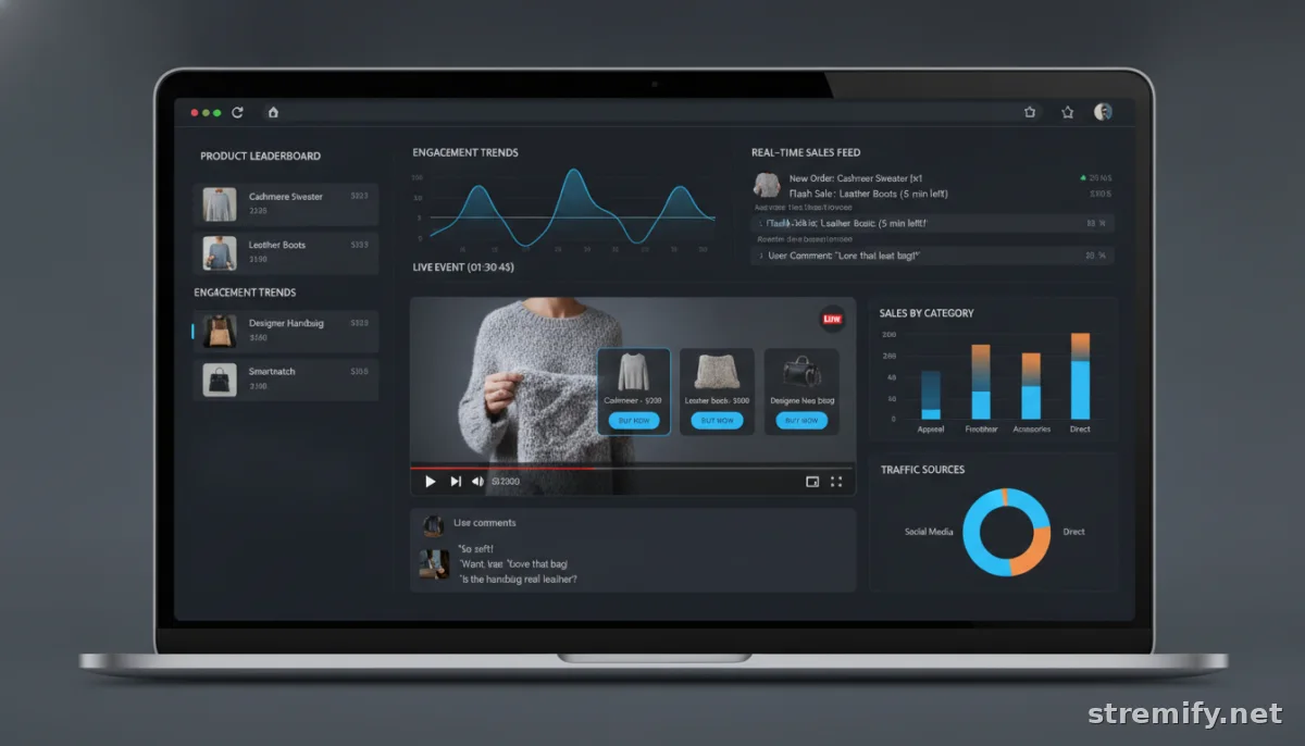 Live shopping analytics dashboard highlighting product leaderboards and engagement graphs