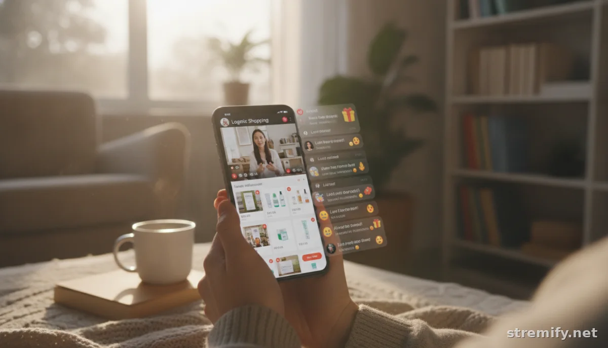 Viewer participating in live shopping stream and earning loyalty rewards on a smartphone.
