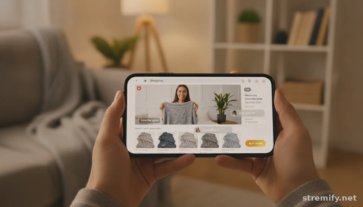 Phone displaying a live shopping event with product cards and chat bubbles in a home setting