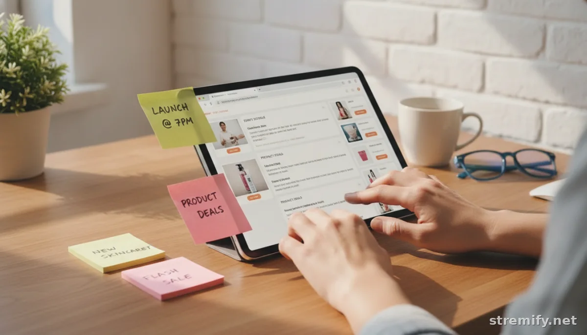 Hands planning a live shopping event with tablet and notes, event setup in progress