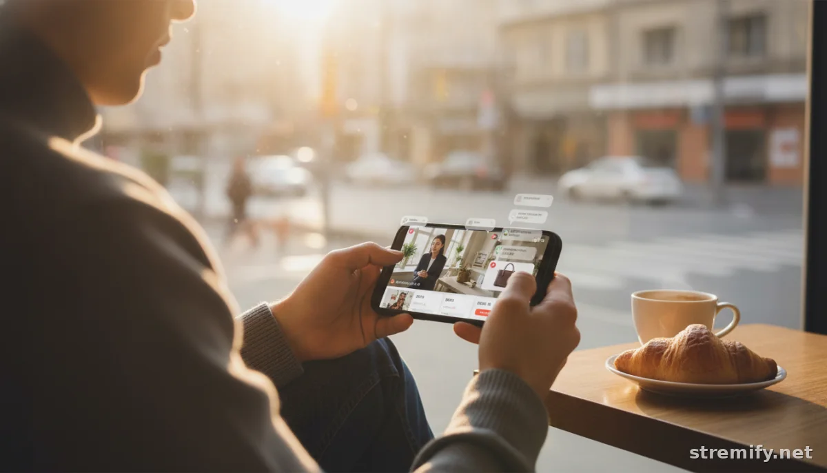 browsing live shopping ideas on a phone at a cafe with product popups