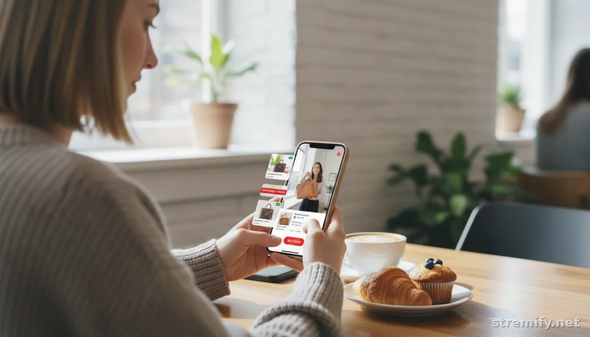 Shopper browsing live shopping with real time inventory syncing and low-stock notification on phone