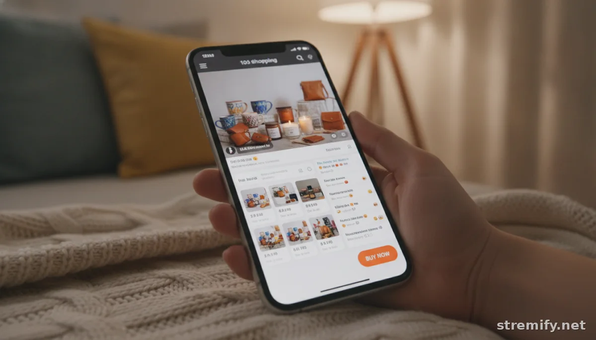 Live shopping stream on phone with multilingual comments and interactive buy button, living room setting.