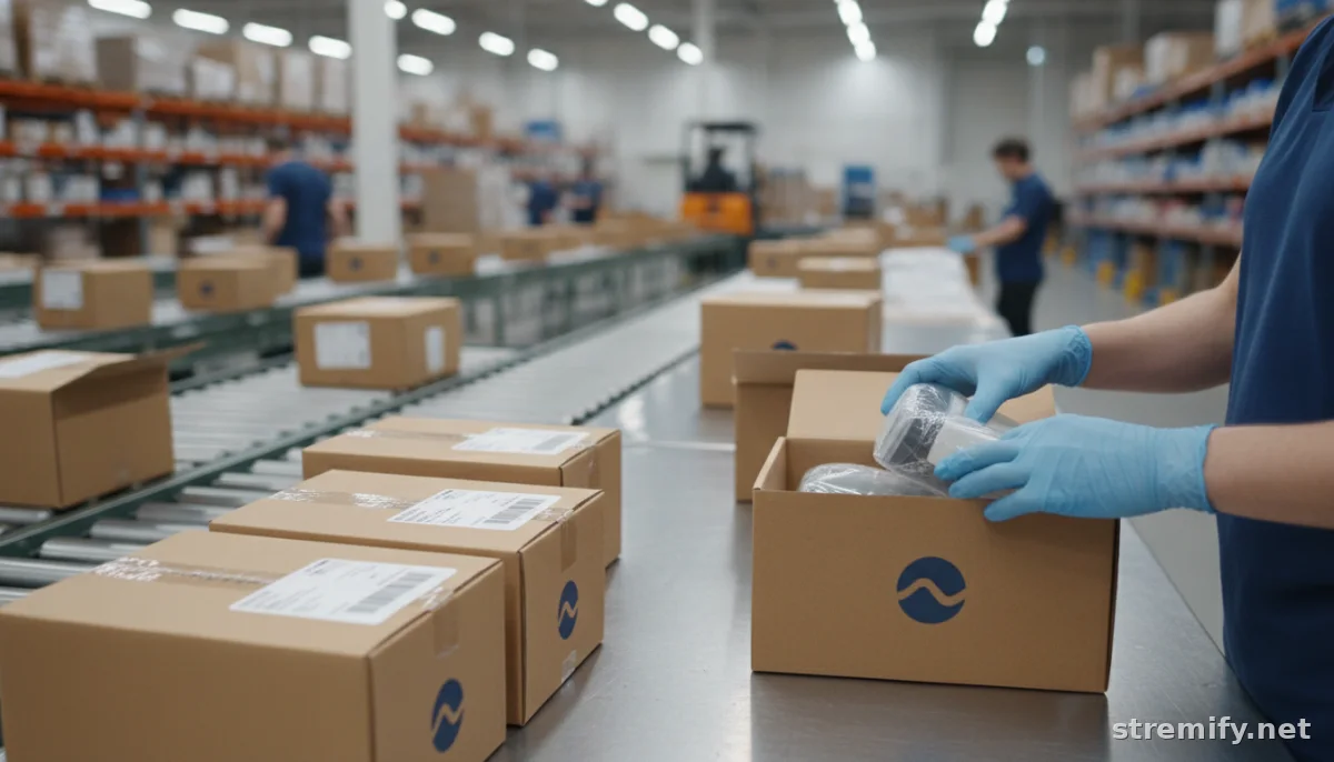 Live shopping order fulfilment with hands packing parcels for fast delivery.