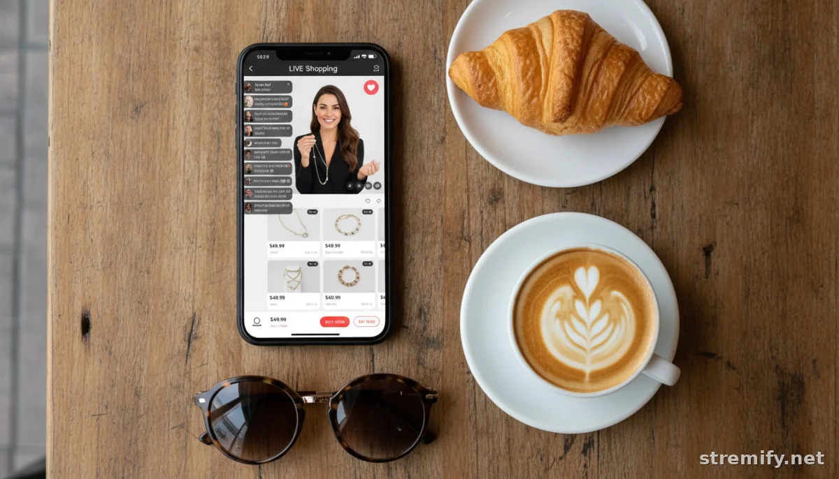 Live shopping stream with product cards and comments on a phone at a cafe