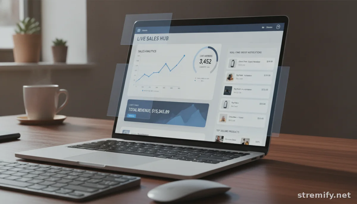 Live shopping merchant dashboard with sales analytics and real-time order notifications on a laptop.