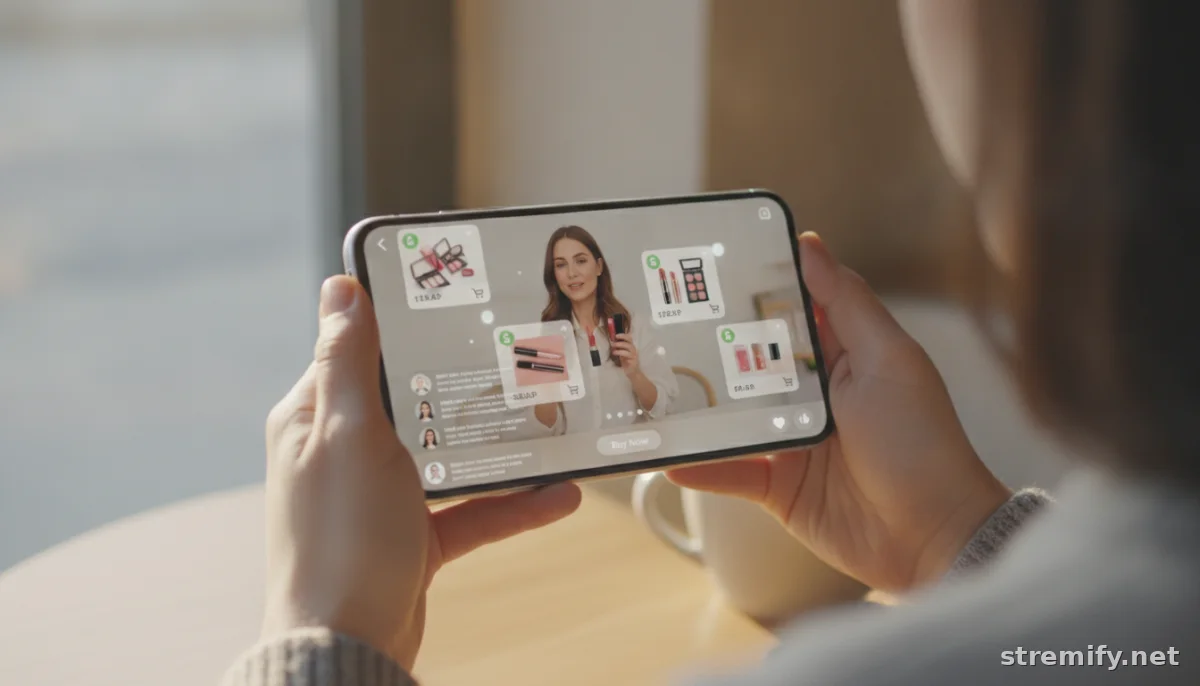 person joining a live shopping event on a smartphone in a cafe