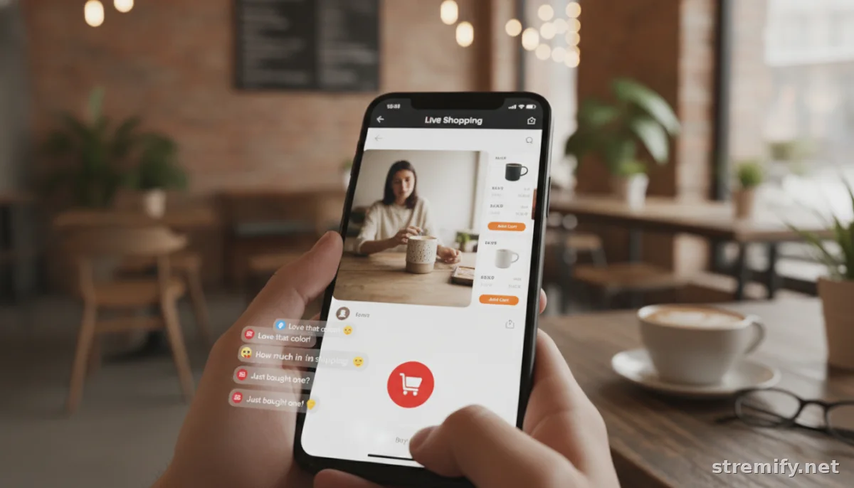 Live shopping interface with comments and buy buttons on a smartphone in a coffee shop setting.