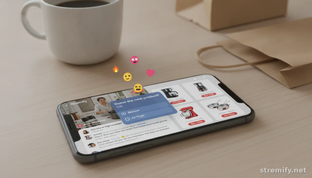 Smartphone showing a live shopping stream with comments, quizzes, and interactive product cards for audience engagement live shopping.