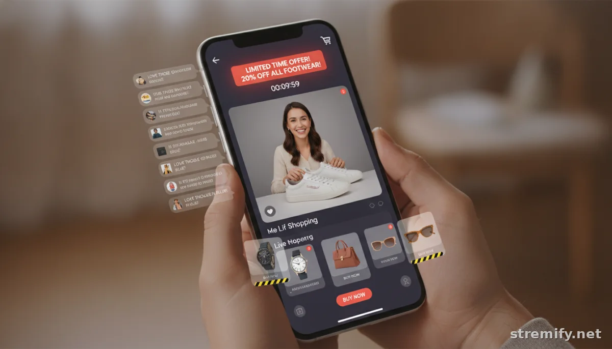 smartphone showing live shopping event with discount offer and interactive product cards