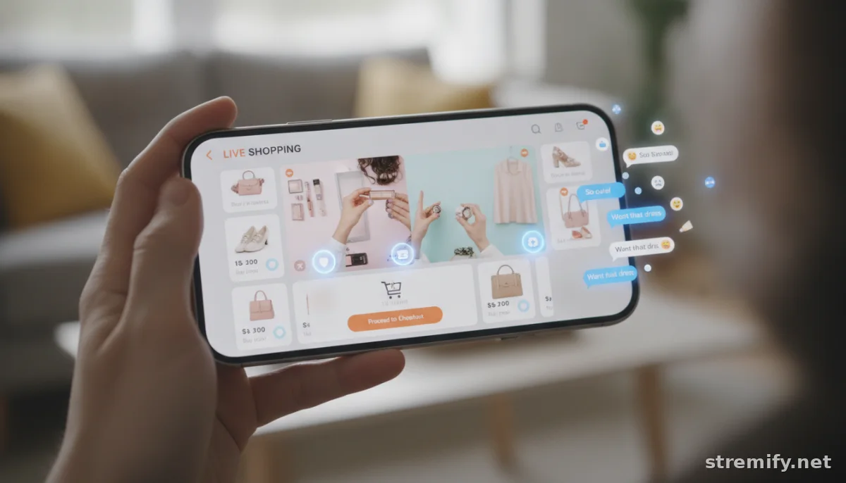 Smartphone live shopping interface showing interactive product cards and buy buttons on a live stream.