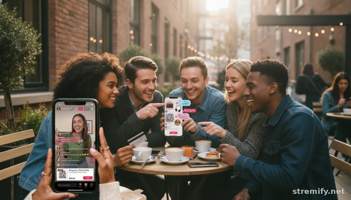 Live shopping stream on mobile with interactive comments in a cafe setting