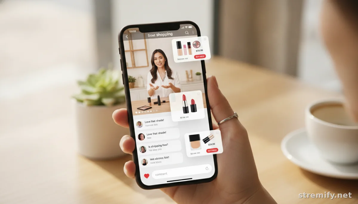 Live shopping stream on a smartphone with visible product cards and comments