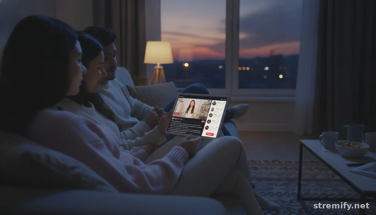 Group watching live shopping on a tablet with interactive buy buttons in a cozy living room.
