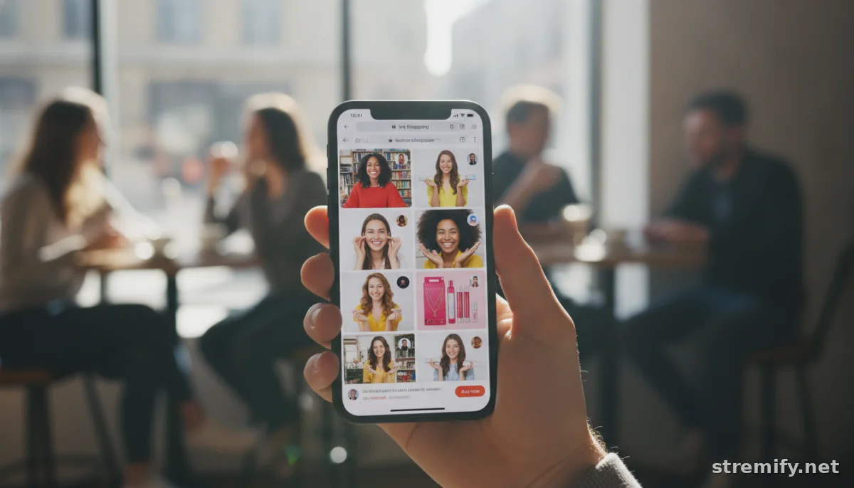 shopper browsing live shopping thumbnails on smartphone in cafe, thumbnails optimized with faces and products