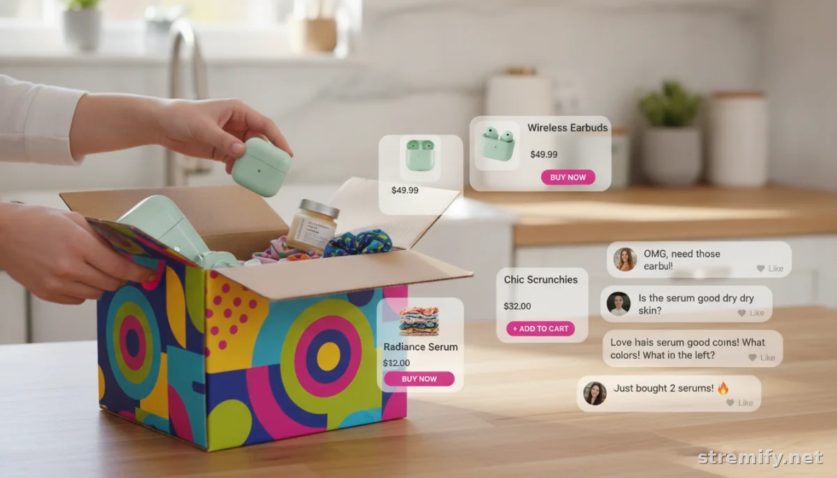 live shopping unboxing idea with hands opening product box and interactive overlays