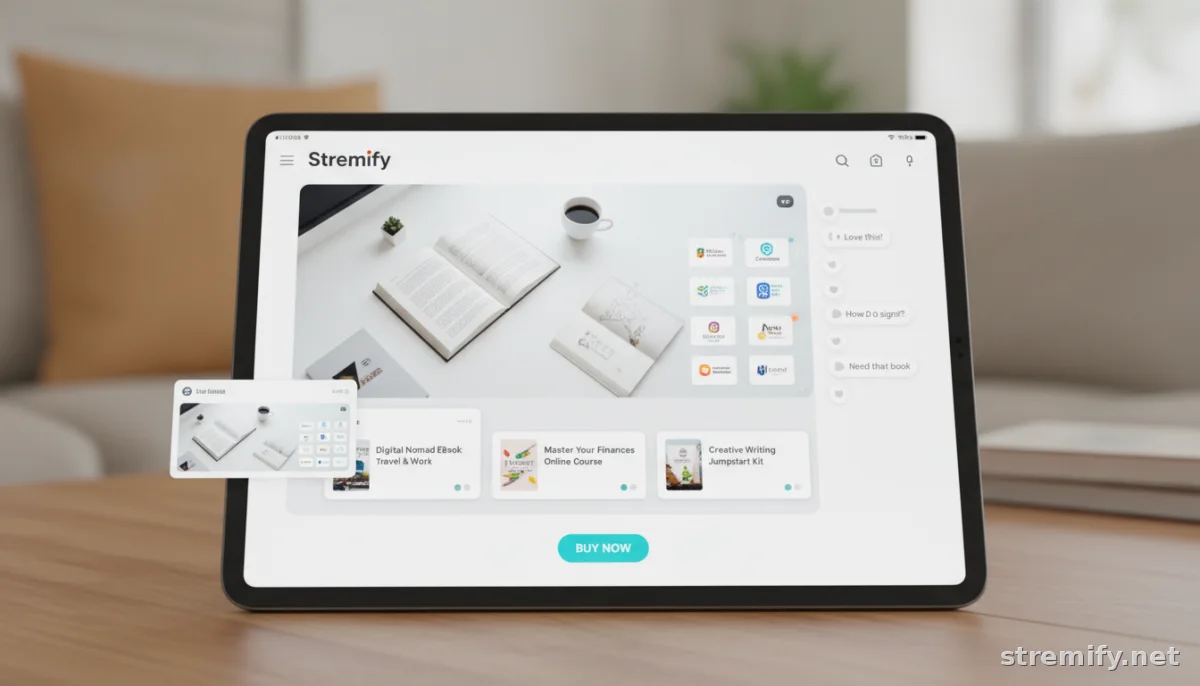 Tablet displaying a live stream with digital products and shoppable overlays