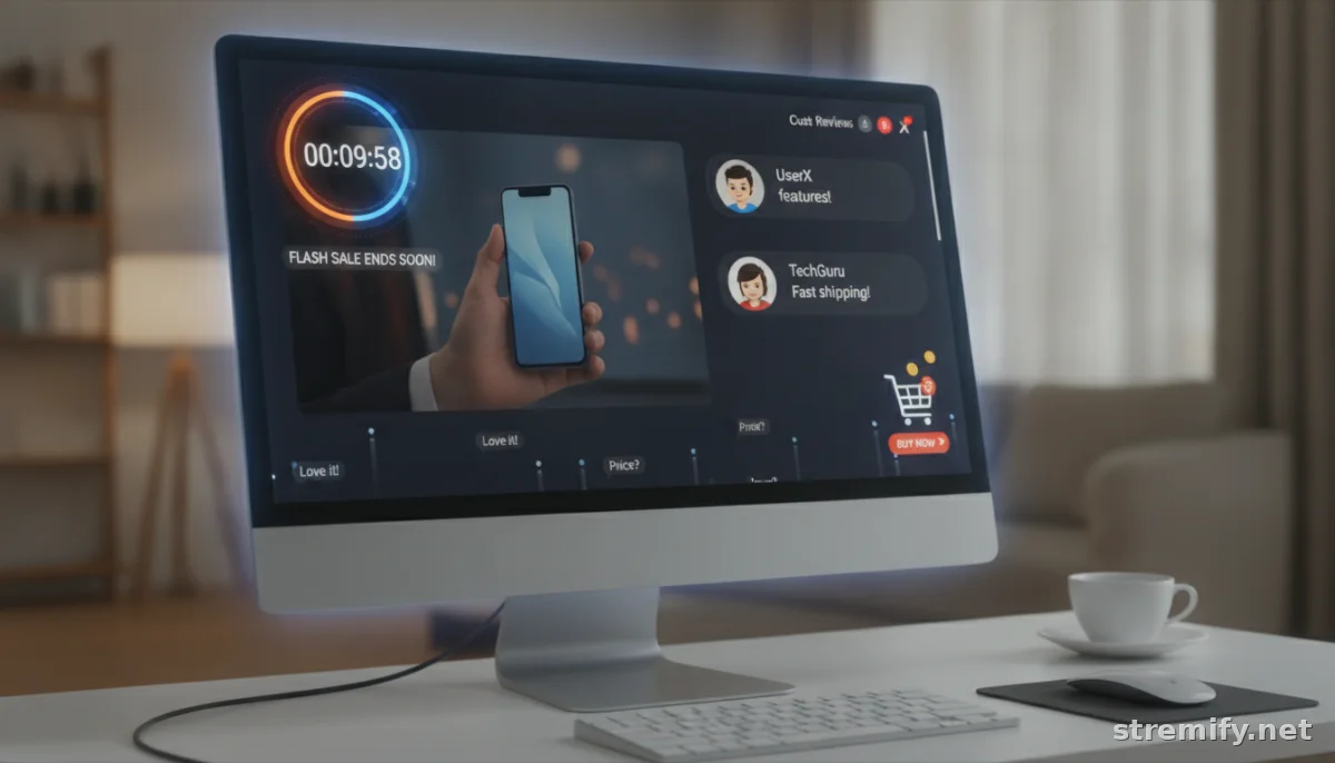 Desktop with live stream overlays: countdown timers, review pop-ups, mini shopping cart