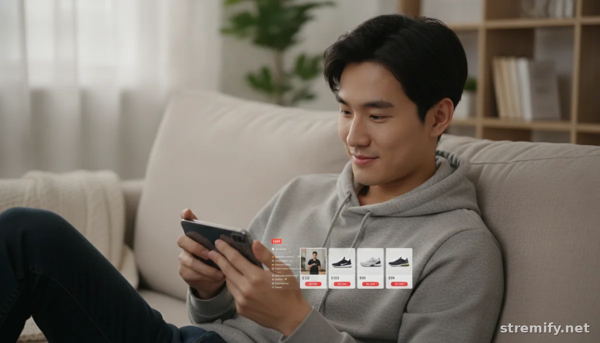 Live streaming sales viewer on sofa with phone, clear lighting and shoppable stream on screen.