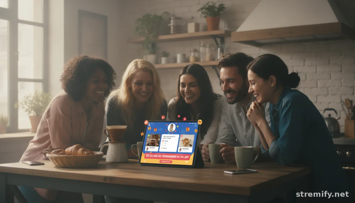 Viewers at a kitchen table participate in a shopping livestream quiz to win a Shopify discount code.