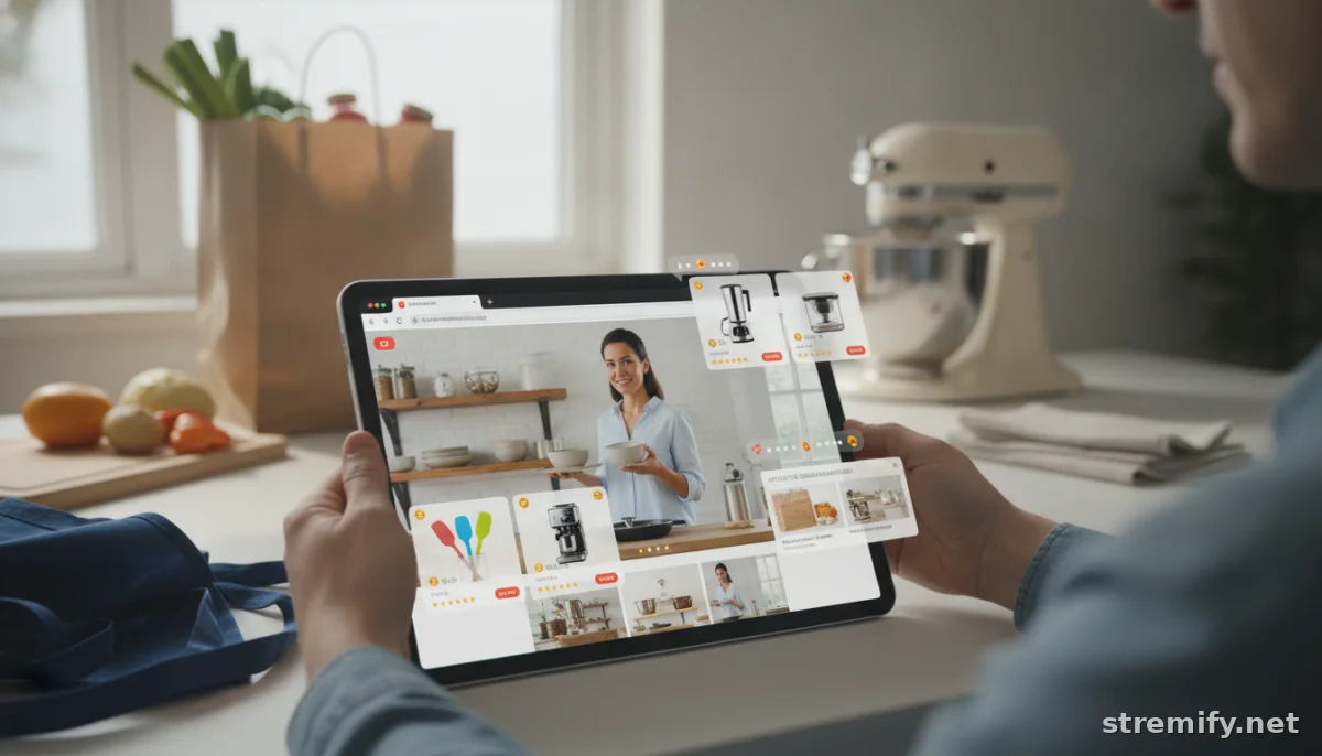 Tablet streaming a live shopping event with shoppable product cards and recommendations.