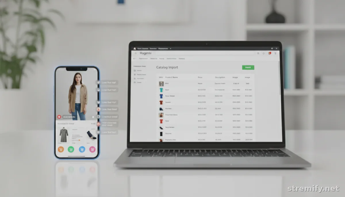 Magento product feed import interface and a live shoppable stream with buy buttons on a smartphone.