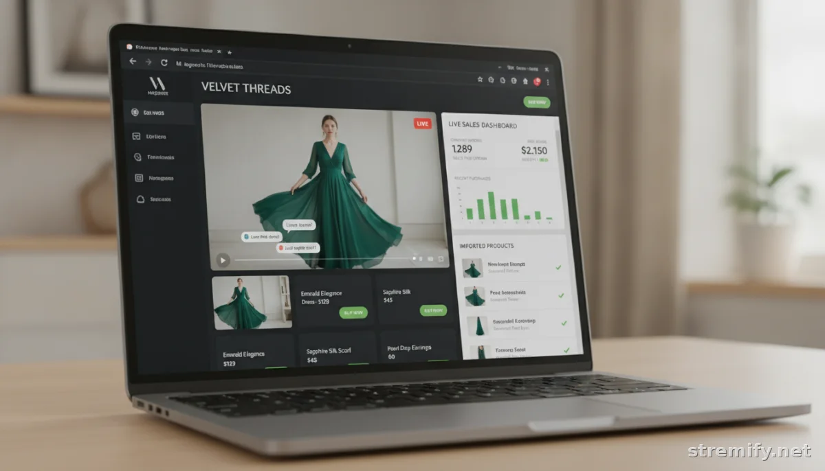 Magento storefront with live shopping dashboard after a product feed import, showing products and stats.