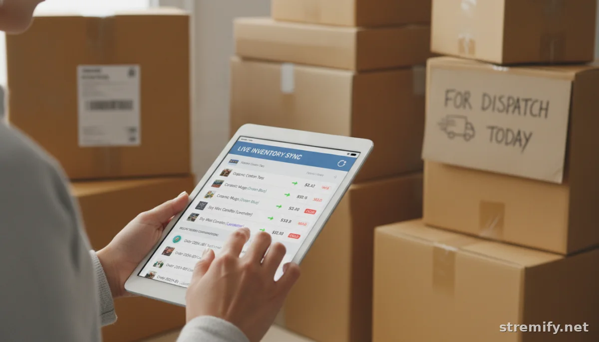 merchant checking live inventory sync on tablet with shipped orders ready