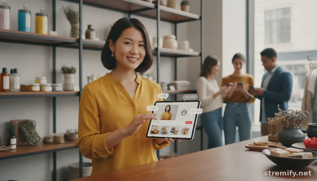 Merchant answering customer questions during live sales in a boutique using a tablet