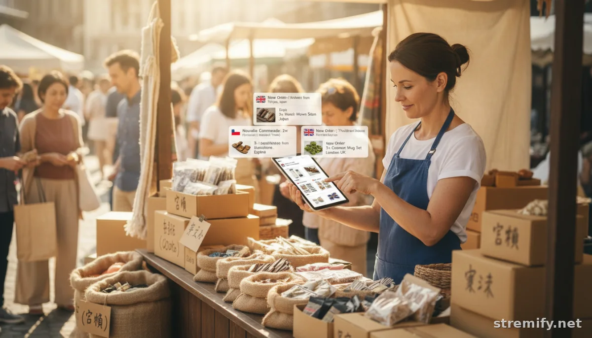 Merchant managing multilingual live commerce orders at a market stall with language notifications, busy scene.