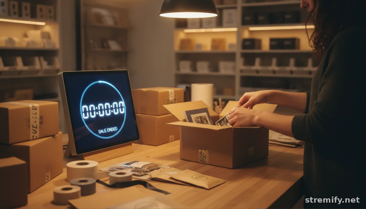 Merchant packing orders as live sale countdown timer ends in warehouse