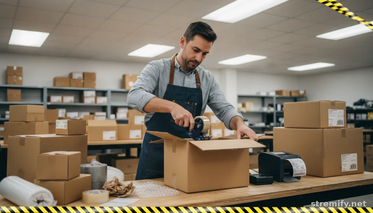 merchant packing online orders in warehouse representing traditional ecommerce