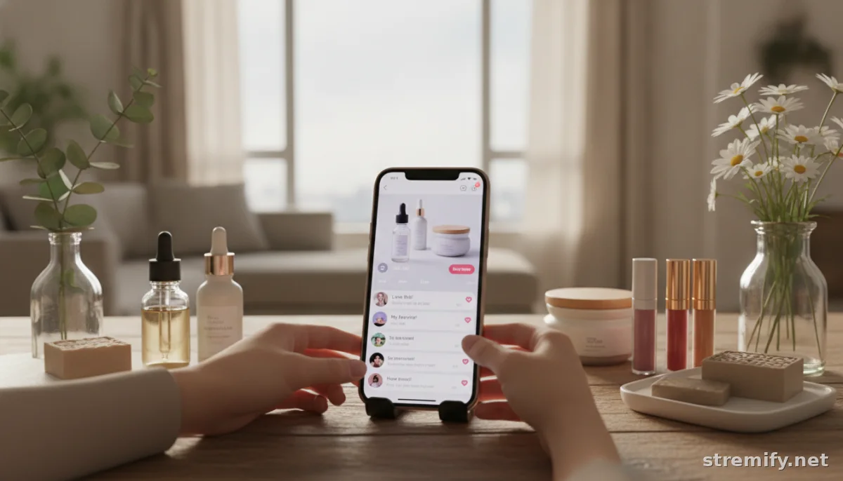 Merchant prepping a multicam live shopping setup with beauty products and live chat displayed on a device screen
