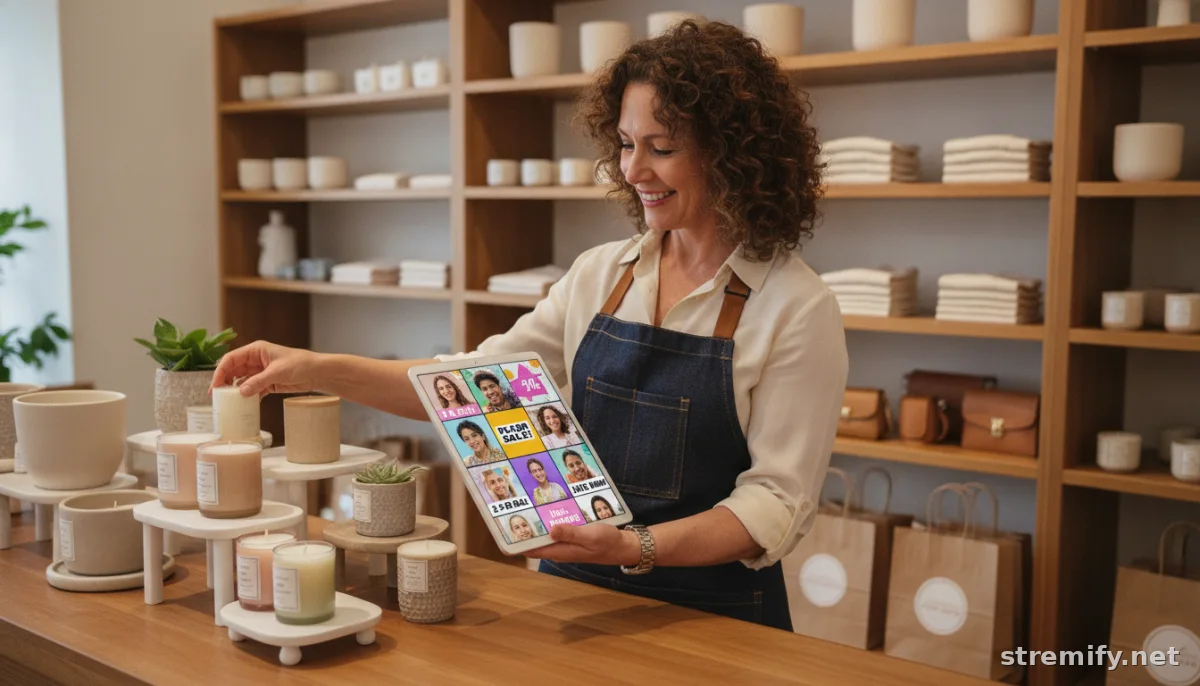 merchant previewing live shopping event thumbnails on tablet, optimized for replay and mobile