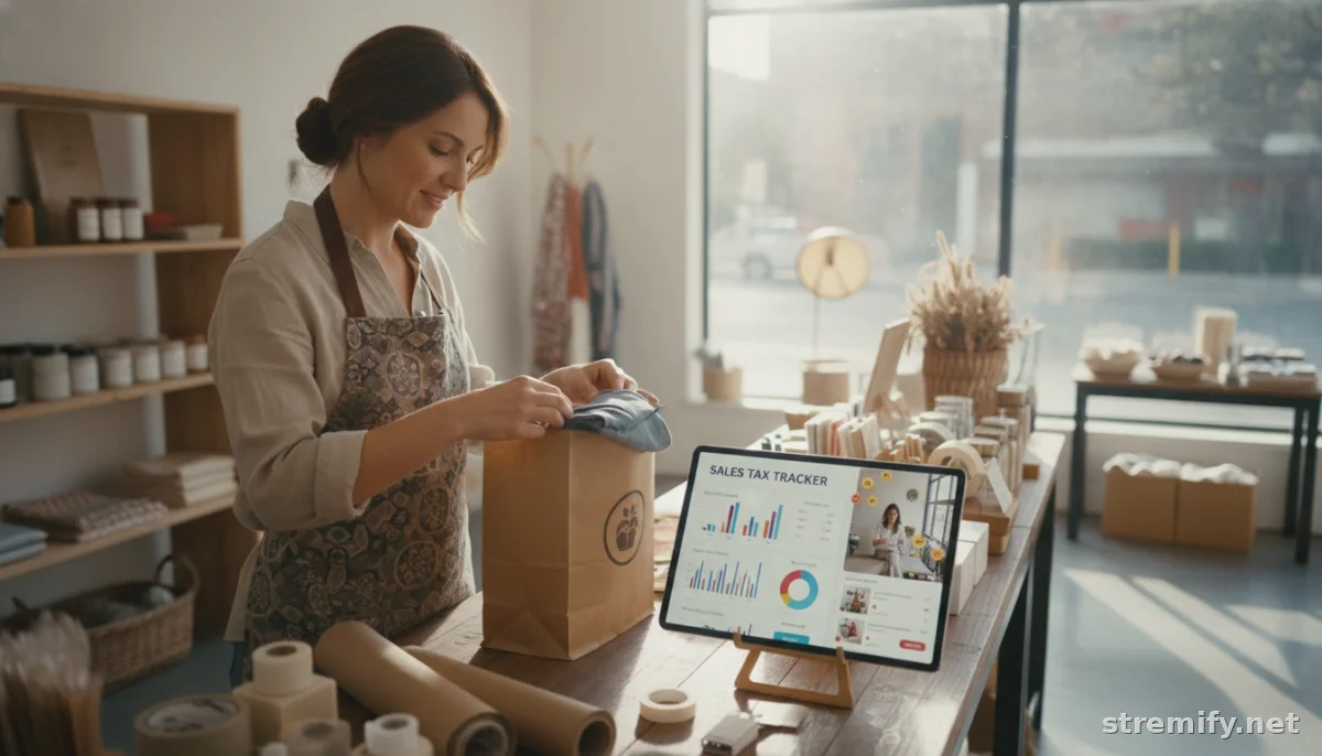 Merchant managing streaming sales tax compliance while preparing live shopping orders.