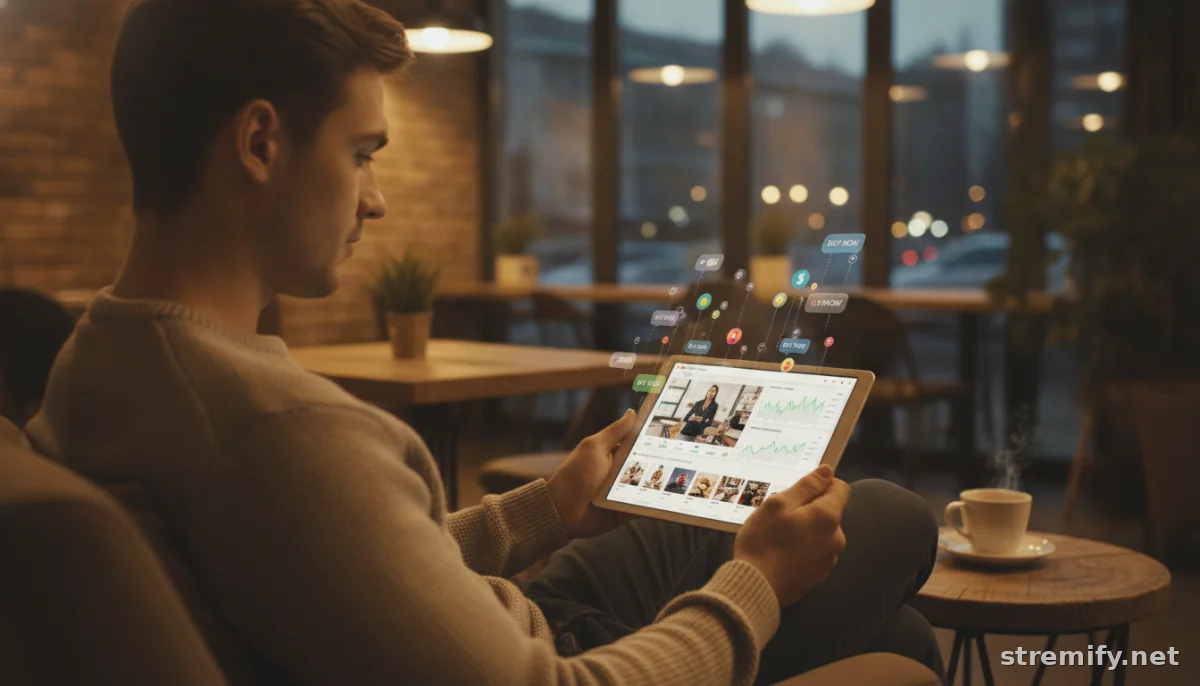 merchant reviewing stream shopping analytics tools in a cafe on a tablet