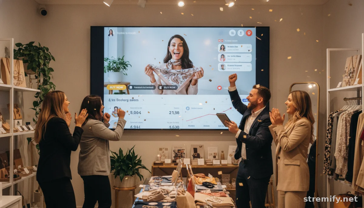 Merchant team reacting to sales from a live shopping event, inspired by ecommerce livestream scripting tips.