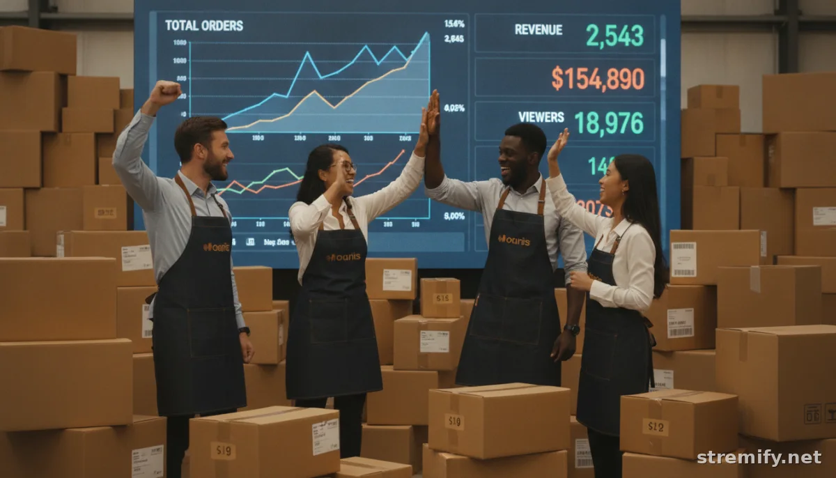 Merchants celebrate strong live stream sales performance with sales graphs displayed