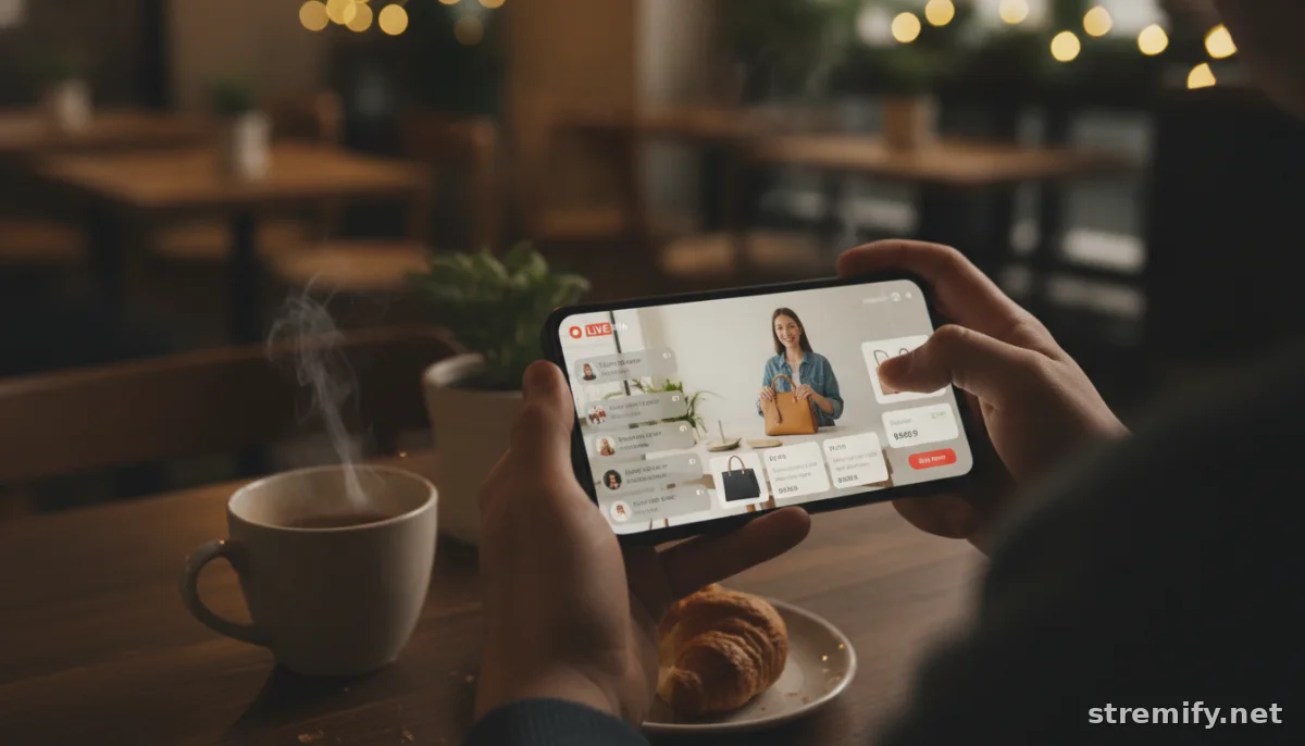Customer shops via mobile live shopping stream in a cafe, product cards and active chat visible