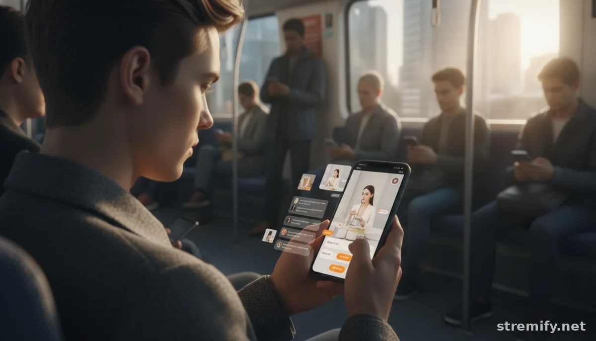 commuter using smartphone for live shopping on the go, showing mobile live shopping experience