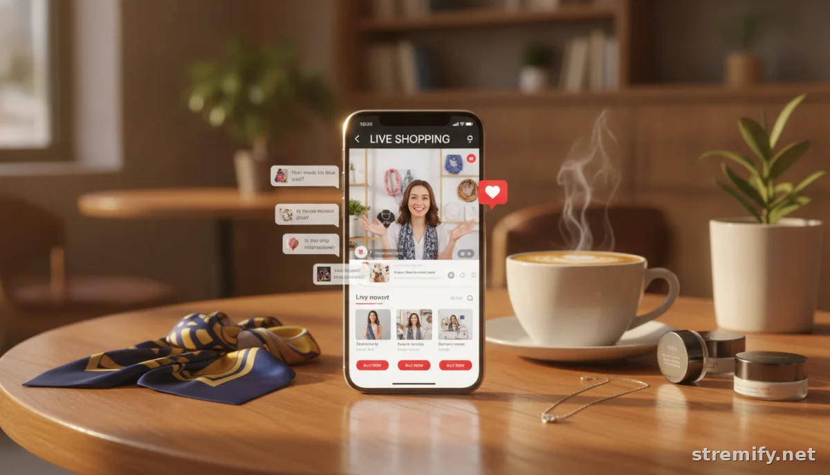 Mobile phone showing live shopping stream with chat support in a cafe setting