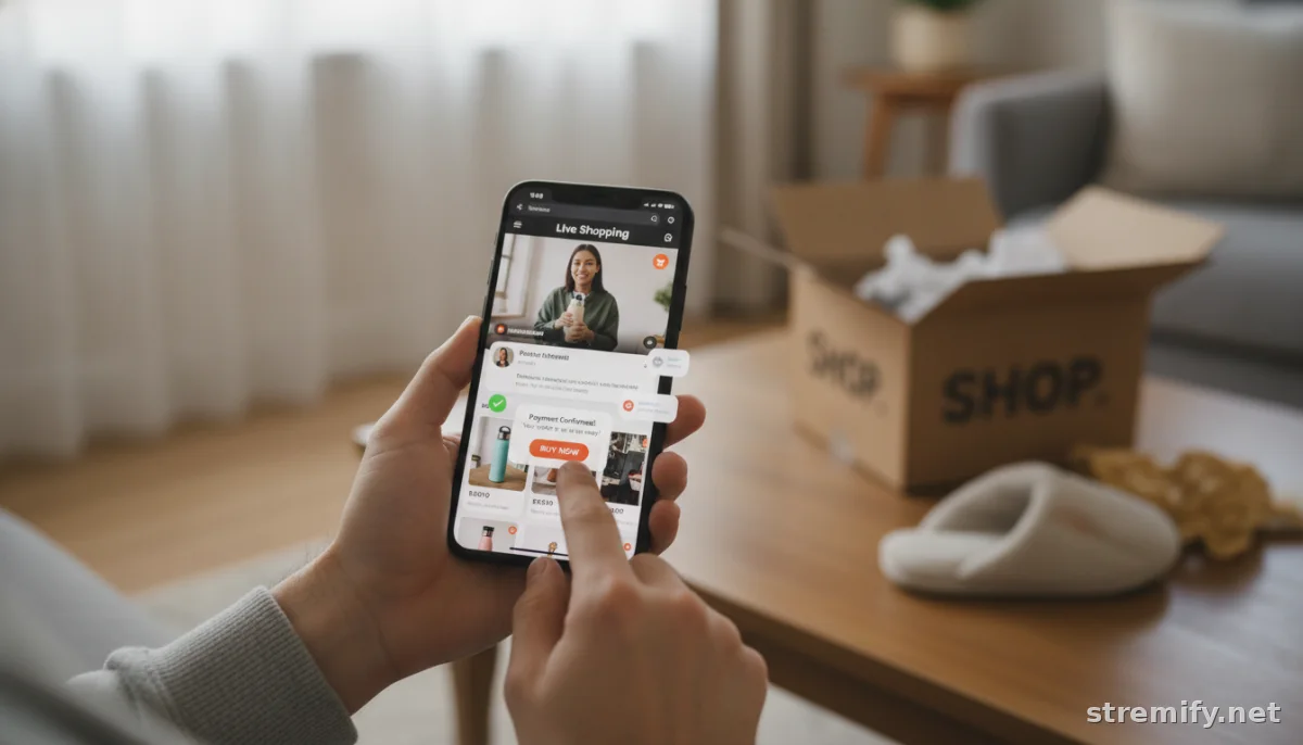 Hands use a smartphone to complete one-tap mobile checkout with delivery package in background