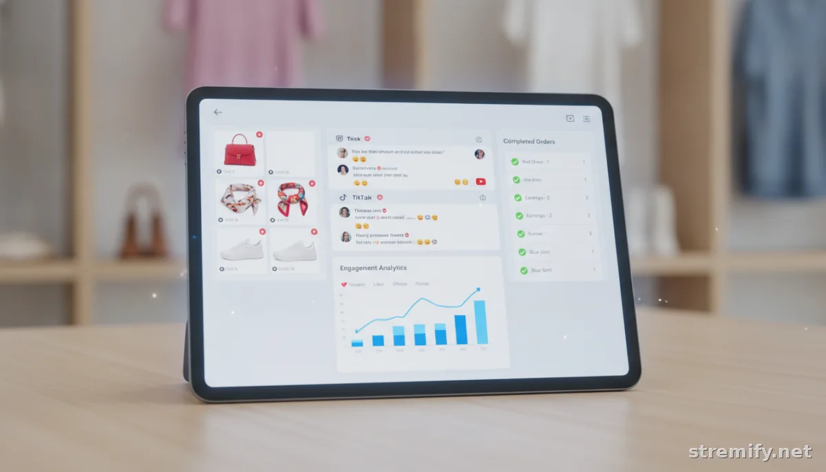 Tablet with a live shopping dashboard displaying multichannel viewer comments and analytics for promoting live selling events on social media