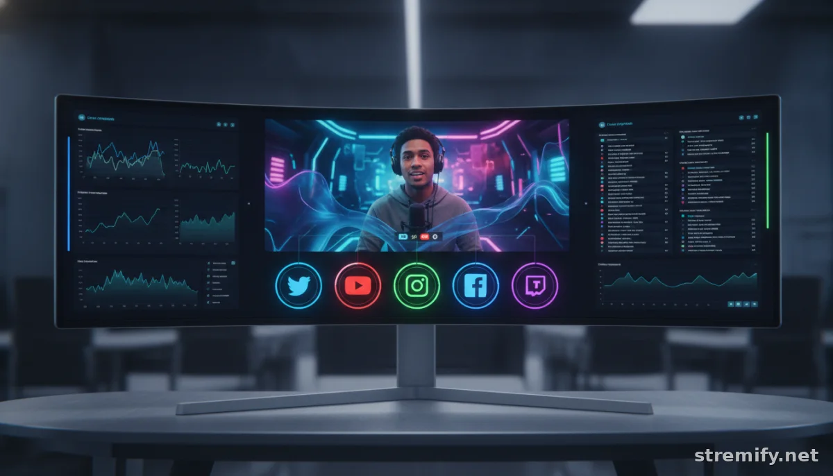 Dashboard showing a live broadcast streaming to TikTok, Instagram, YouTube, Facebook, and Twitch at the same time