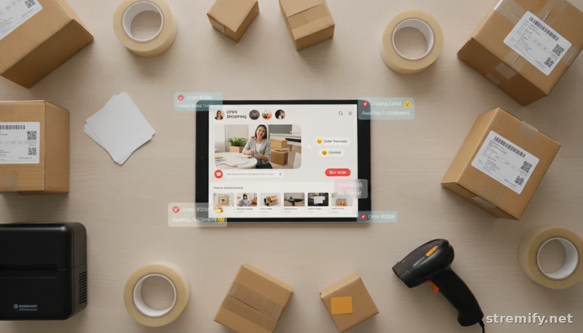 Tablet with live shopping stream and order notifications, parcels and shipping labels, automating order fulfillment for live sales