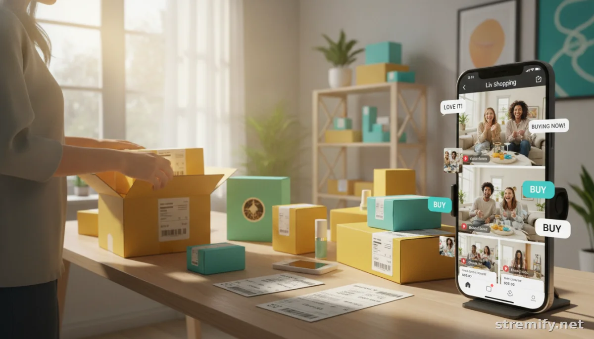 Packing international live shopping orders with shipping labels and packaging